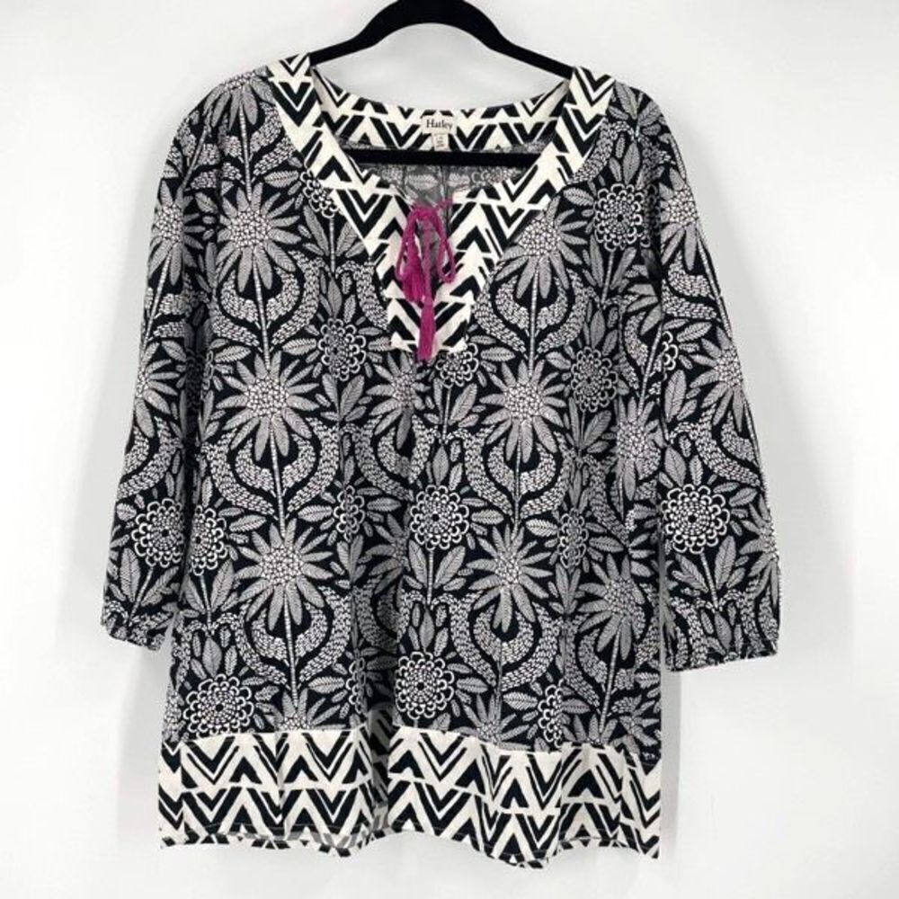 Hatley Womens Tie Front Geometric Print 3/4 Sleeve Blouse Black White Size Large